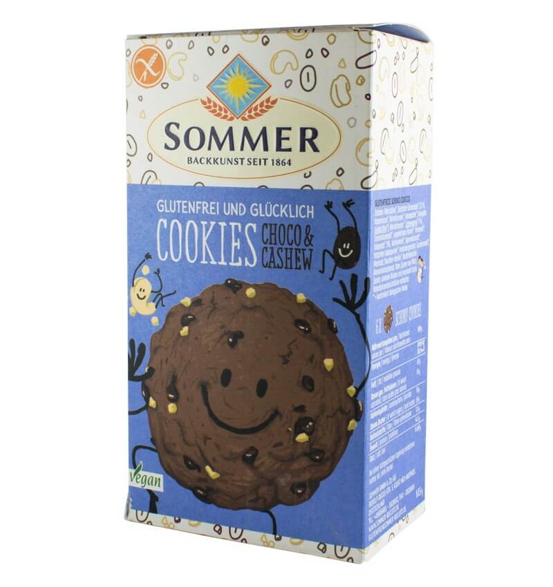 Cutie biscuiți BIO fără gluten cu ciocolată și caju Sommer, design vesel, 125g, fundal albastru.