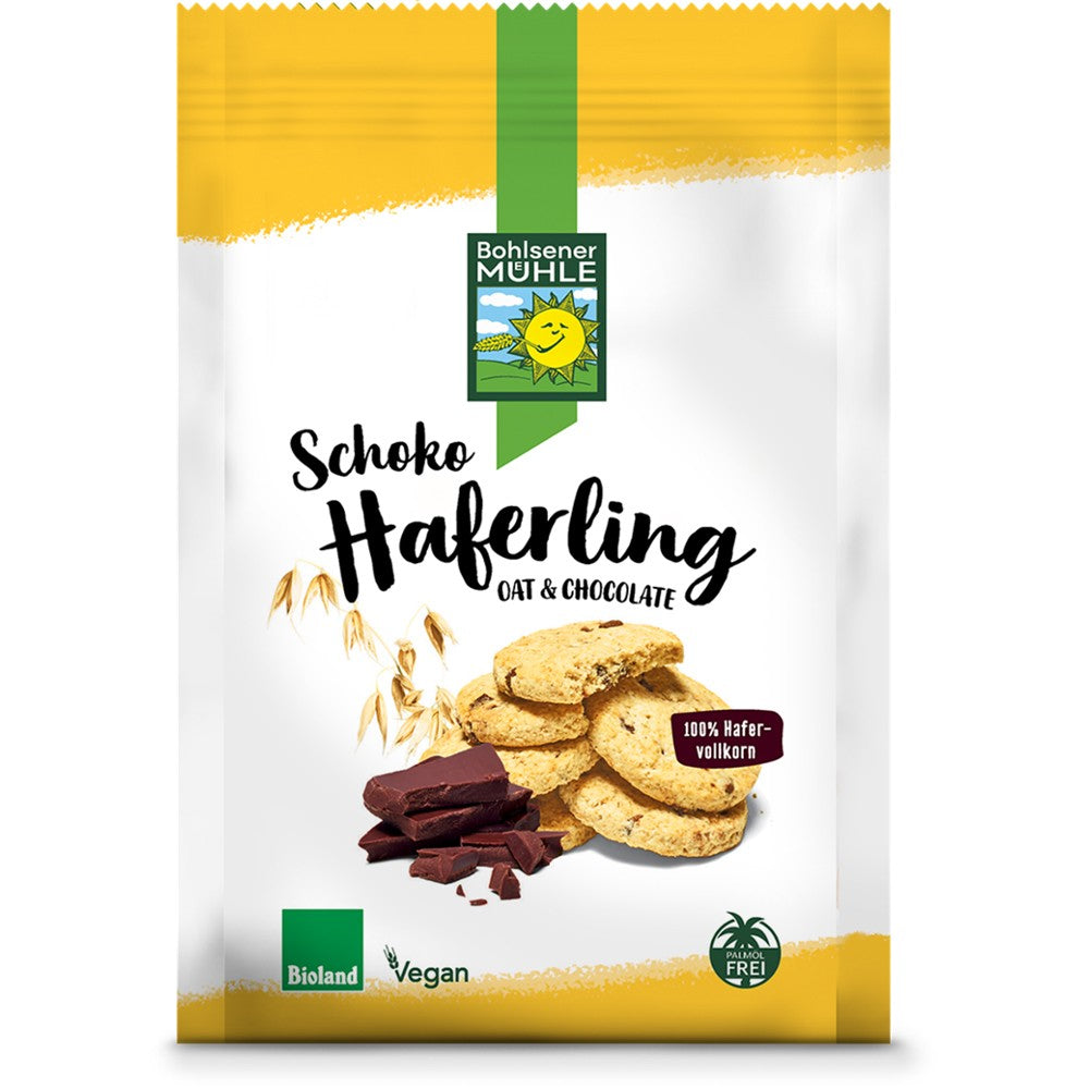 Pachet galben și alb cu biscuiți bio de ovăz integral și ciocolată Bohlsener Muehle, 125g.