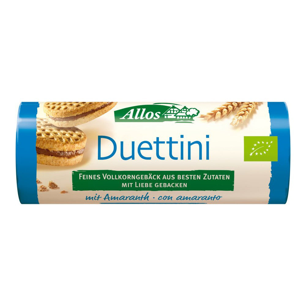 Mini biscuiți bio Allos Duettini cu cremă de cacao și vanilie Bourbon, ambalaj albastru și alb, ingrediente de calitate.