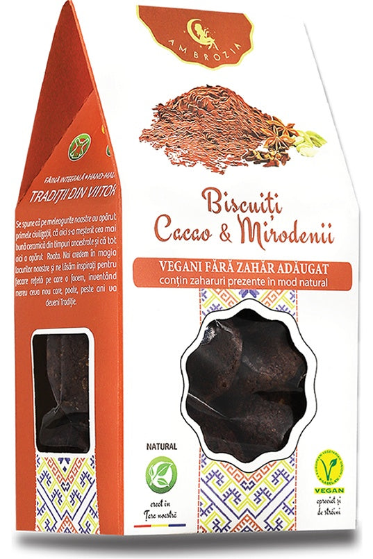 Biscuiți cacao și mirodenii, 130g, cutie albă cu fereastră și text auriu.