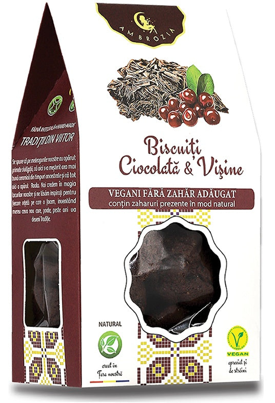 Biscuiți ciocolată vișine 130g, ambalaj vegan maro cu design natural, fără zahăr adăugat