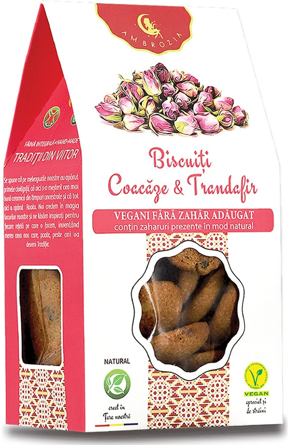 Biscuiți coacăze și trandafir Ambrozia, cutie roșu-albă, 130g, ingrediente naturale.