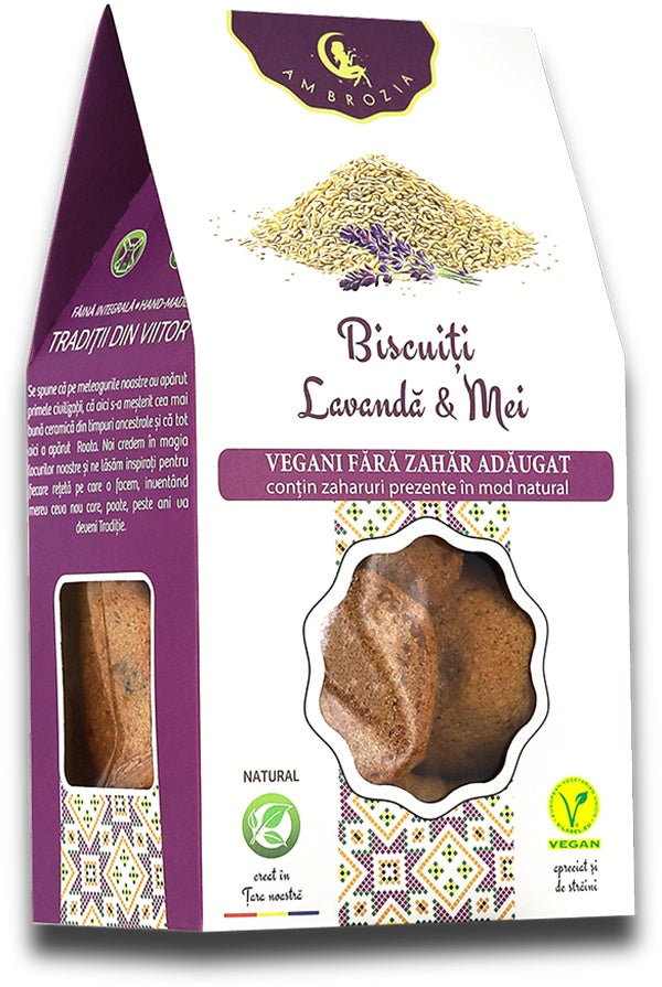 Biscuiți lavandă și mei, 130g, Ambrozia, vegan, fără zahăr, cu vișine și coacăze, ambalaj natural.