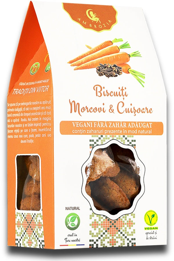 Biscuiți morcovi & cuișoare Ambrozia, ambalaj portocaliu, 130g, ingrediente vegane naturale.