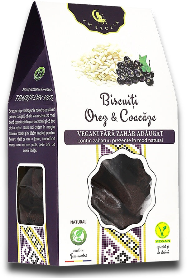 Biscuiți orez și coacăze, Ambrozia, 130g, ambalaj alb-negru, vegani fără zahăr.