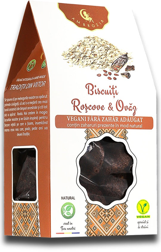 Biscuiți roșcove și ovăz, 130g, ambalaj maro, ingrediente naturale, fără zahăr adăugat.