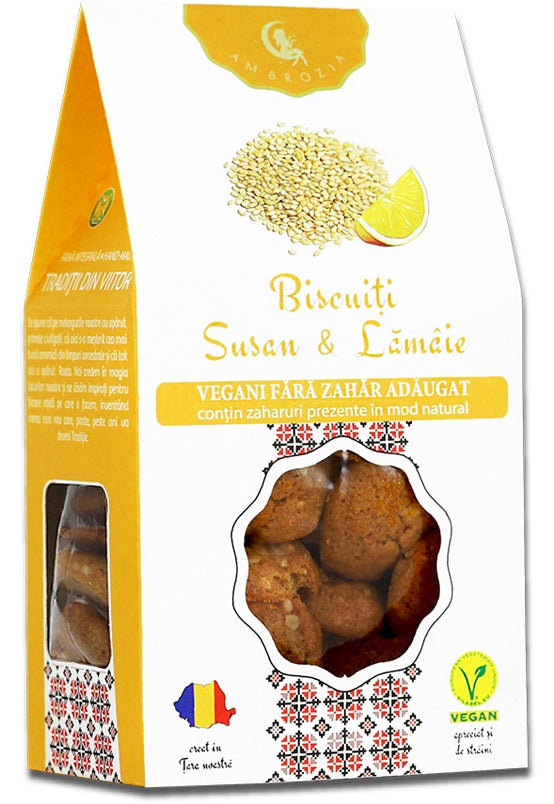 Biscuiți susan și lămâie Ambrozia, fără zahăr, 130g, ambalaj galben-alb, fereastră transparentă.