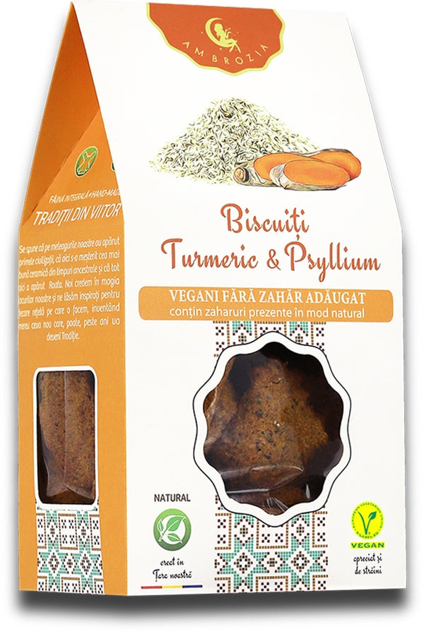 Biscuiți turmeric și psyllium, 130g, Ambrozia, vegan, fără zahăr adăugat, ambalaj alb cu portocaliu.
