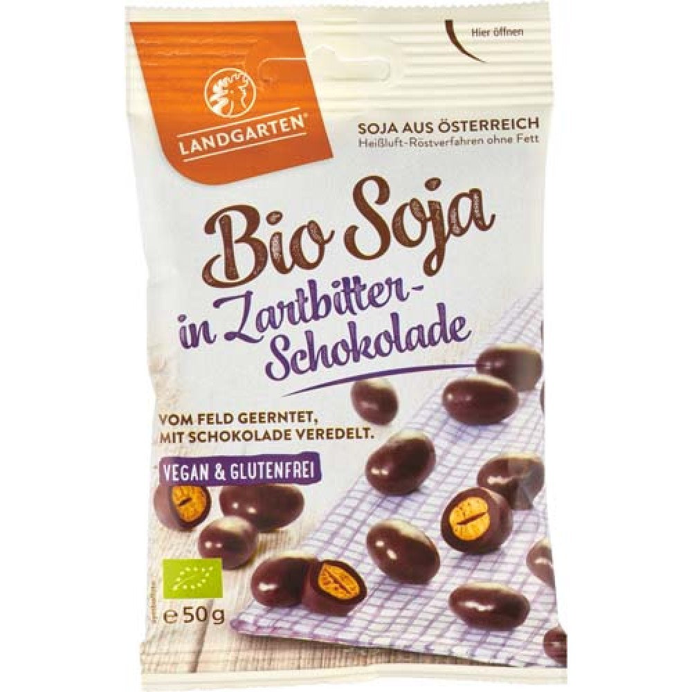 Boabe de soia bio învelite în ciocolată amăruie, ambalaj 50g Landgarten.