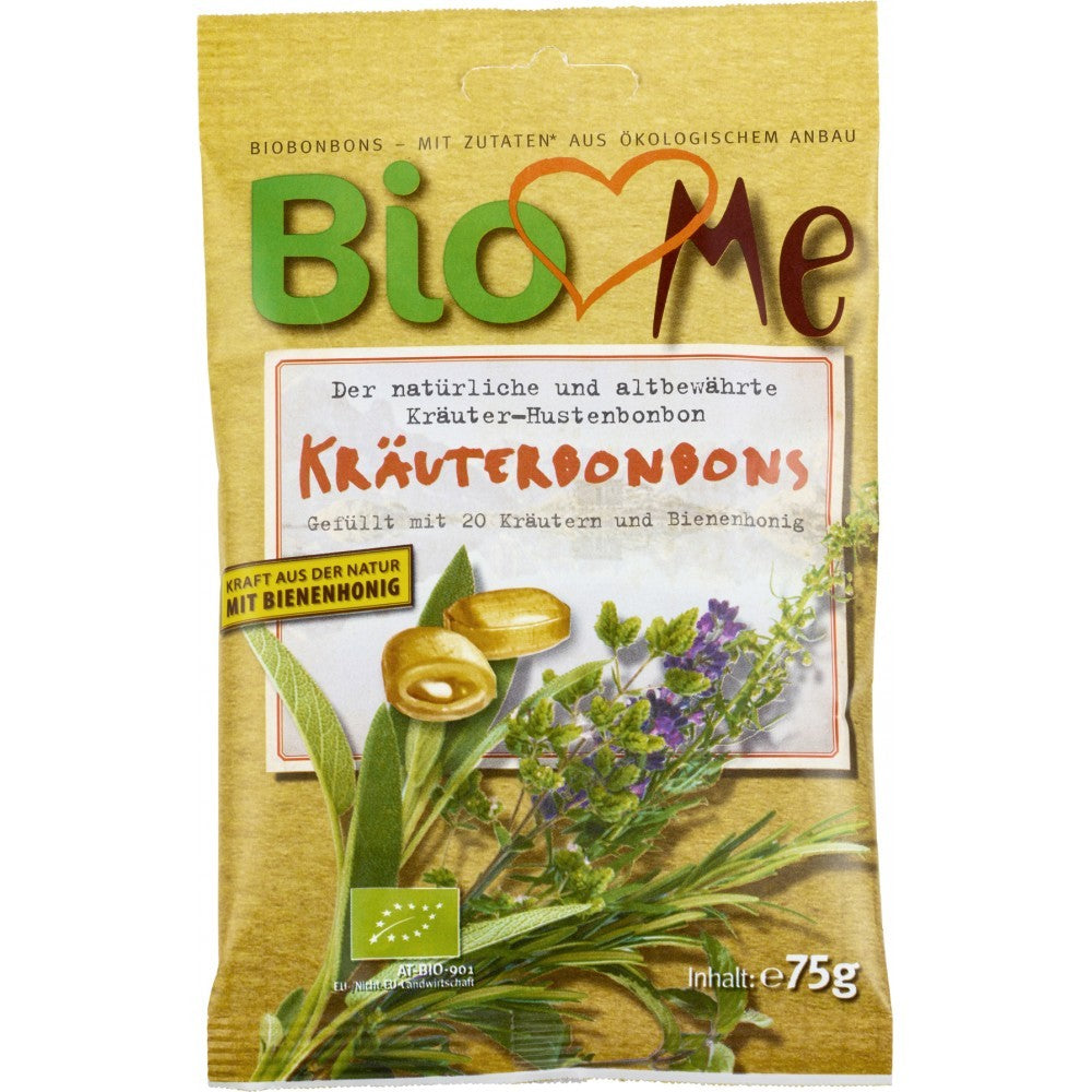 Bomboane bio cu miere și plante, ambalaj 75g, verde-galben, BIO Loves Me.