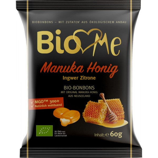 Bomboane Bio Loves Me cu miere Manuka, ghimbir și lămâie, pachet 60g, imagine frontală.