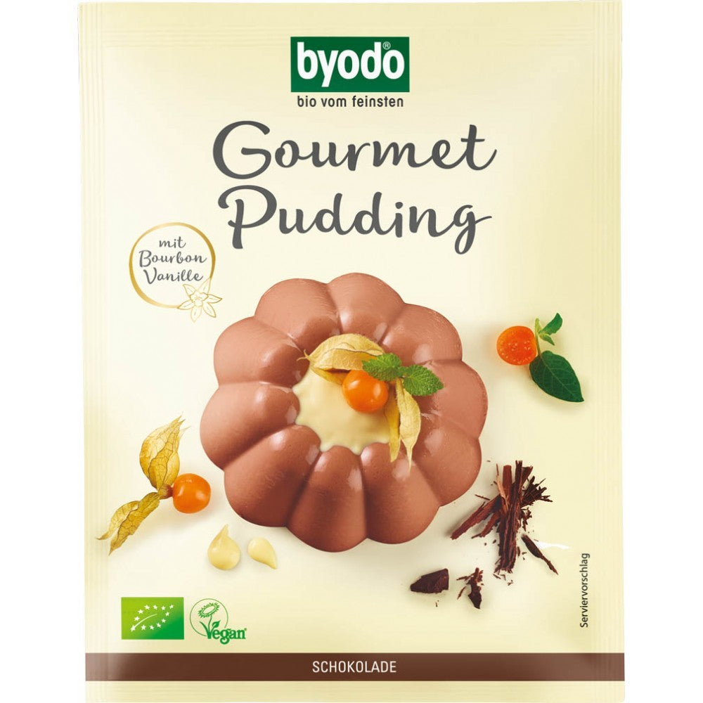 Budinca de cacao fără gluten Byodo 46g, ambalaj color crem cu detalii de cacao și fruct, vegan.