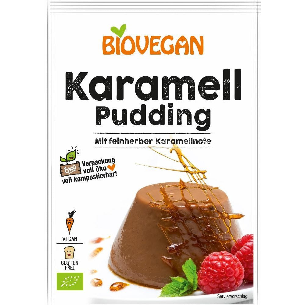 Budincă caramel ecologică Biovegan, 43g, ambalaj compostabil, cu decorațiuni caramel și zmeură.