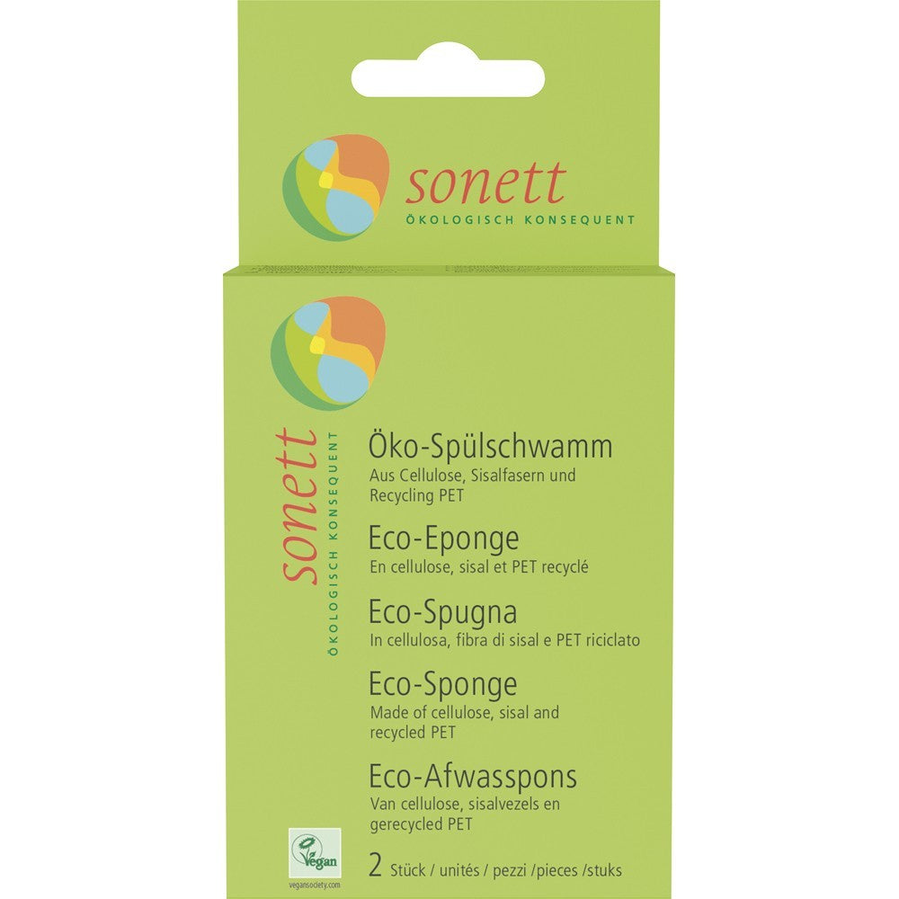 Bureți ecologici Sonett din celuloză, fibre sisal, PET reciclat, ambalaj verde.