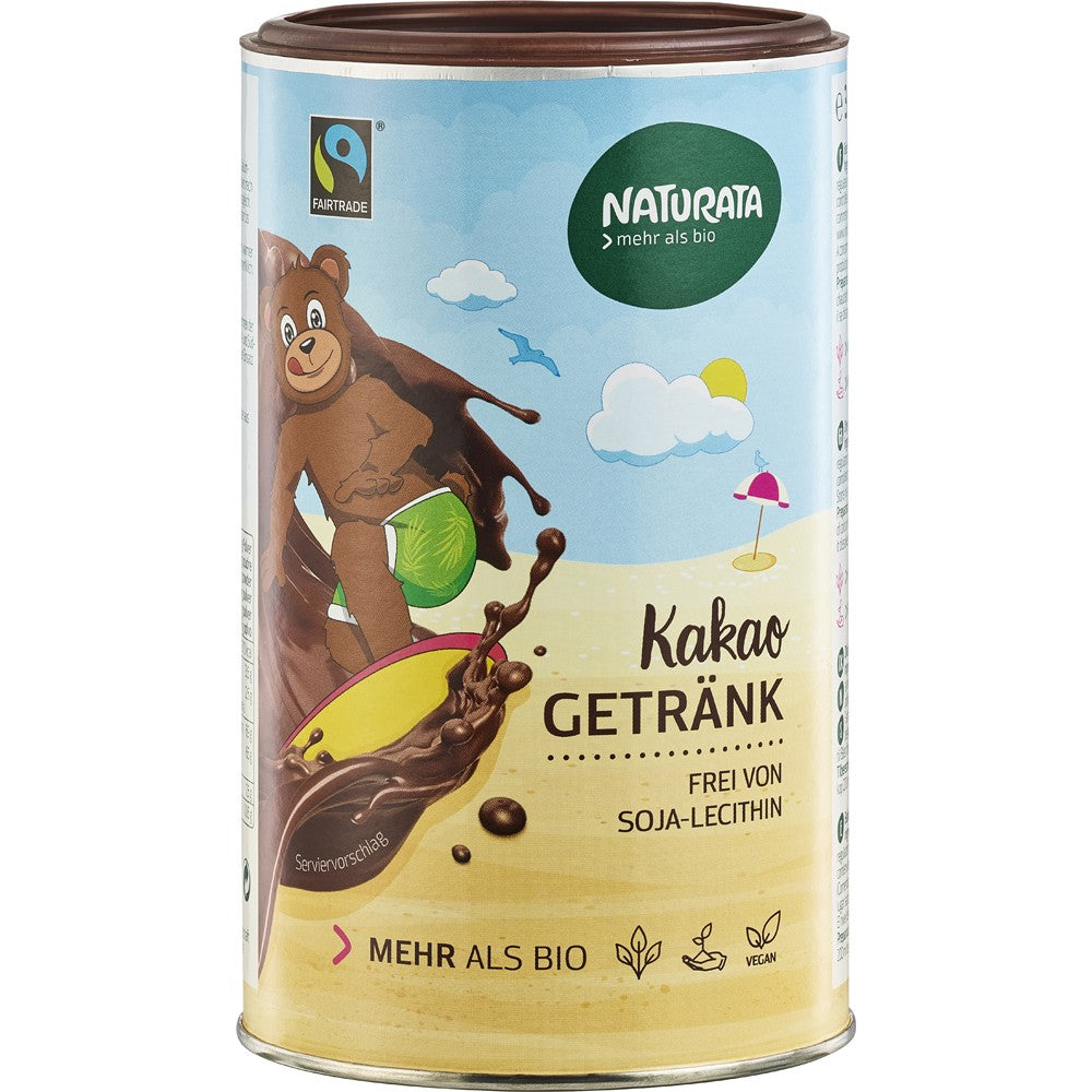 Cutie cacao instant Naturata pentru copii 350g, design vesel cu ursuleț și tonuri maro-verde.