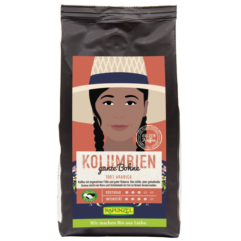 Pachet cafea boabe Arabica Columbia 250g Rapunzel, ambalaj negru, etichetă ilustrată, bio.
