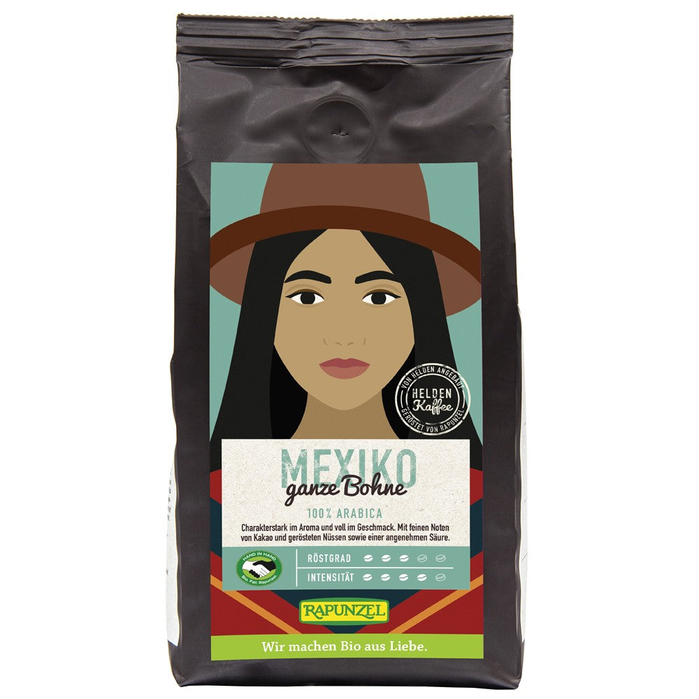 Cafea Arabica boabe Mexico 250g Rapunzel, ambalaj maro cu ilustrație colorată.
