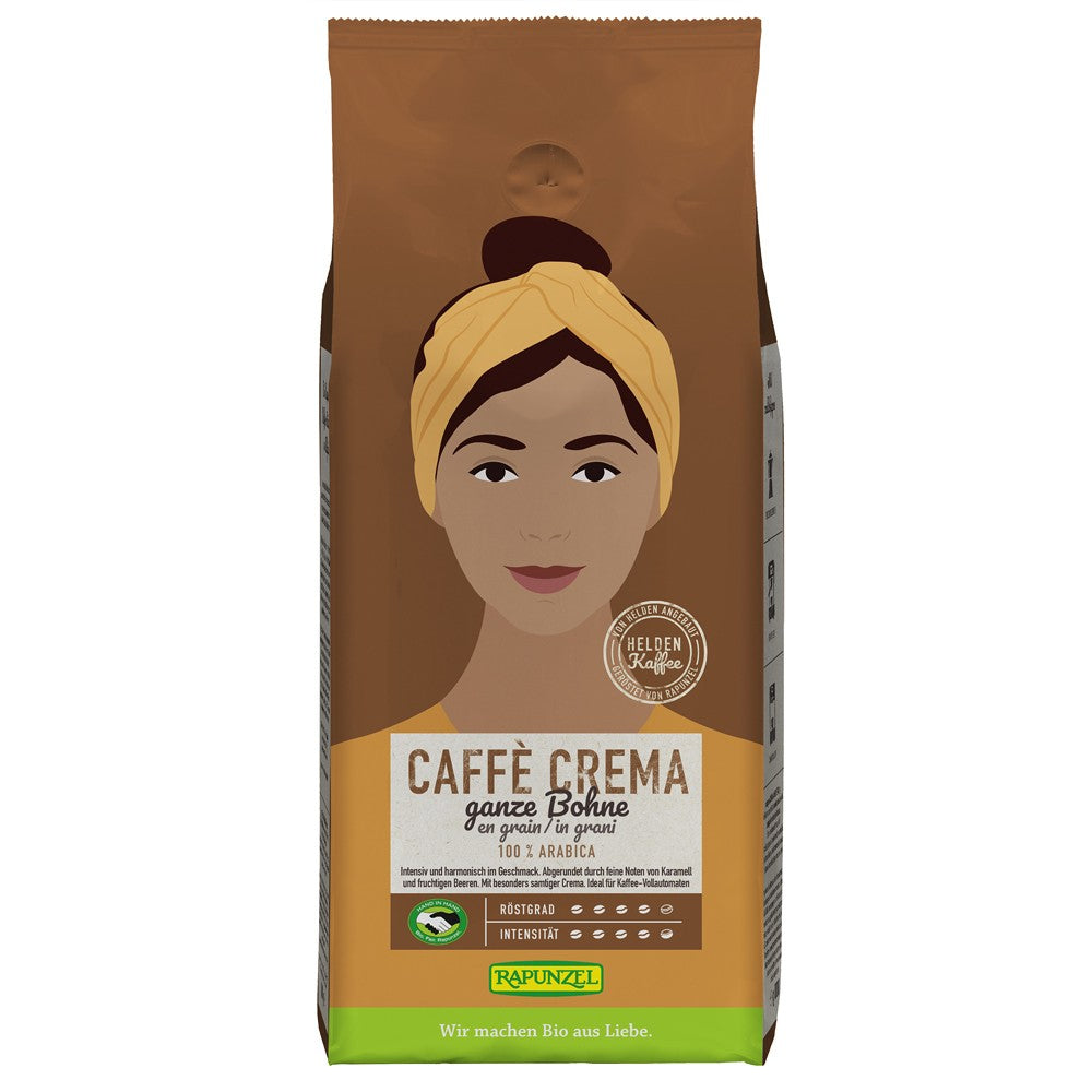 Cafea bio Gusto Crema boabe 1kg Rapunzel, pachet maro cu grafică modernă.