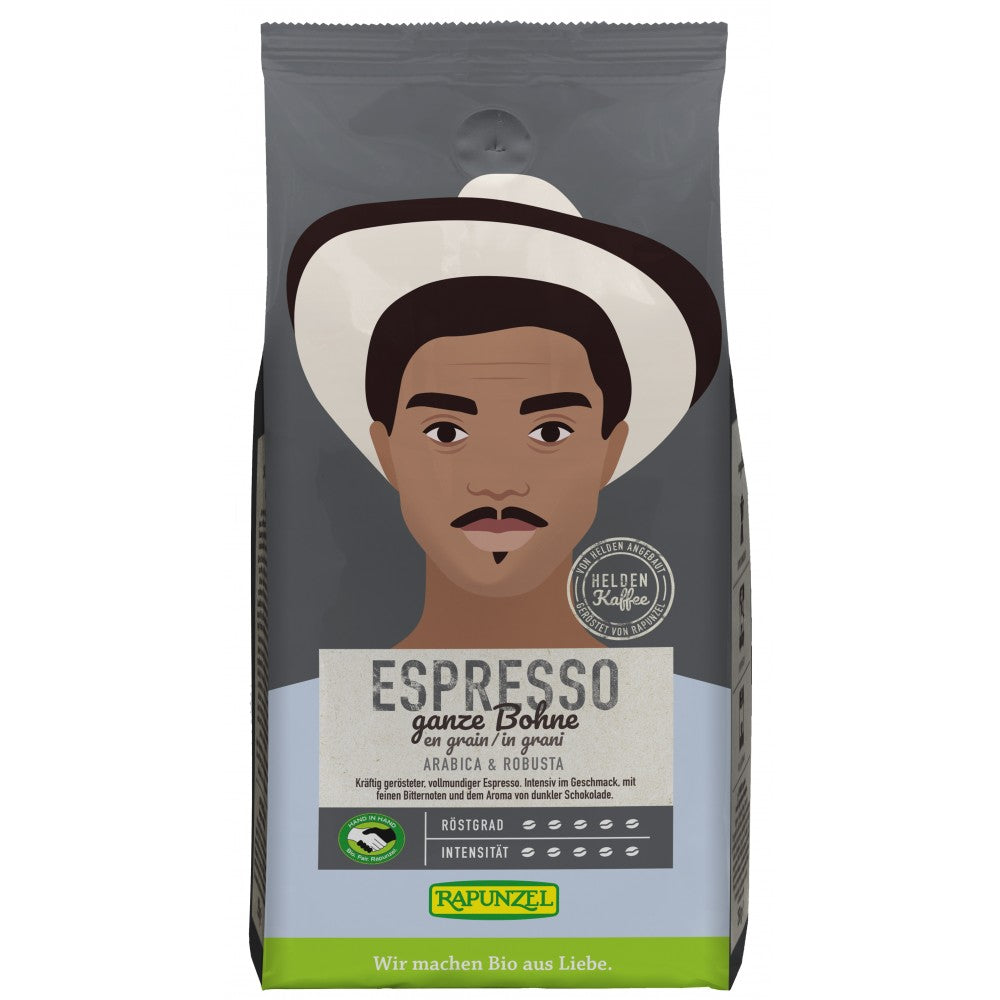 Cafea ecologică Gusto Espresso Rapunzel, ambalaj maro cu portret pe față, 250g boabe arabica.