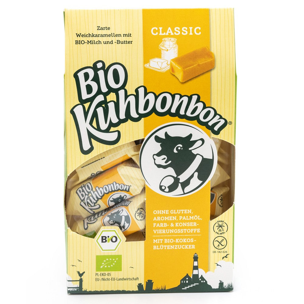 Ambalaj galben caramele Bio fără gluten, 105g, cu ilustrație vacă și logo Bio.