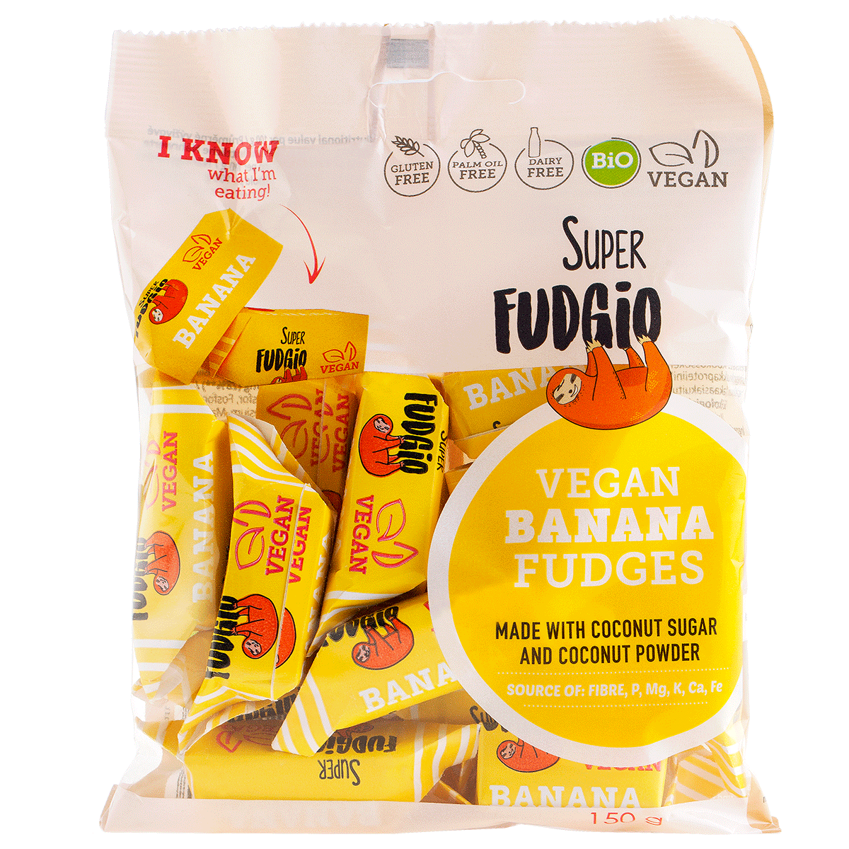 Caramele vegane Super Fudgio 150g, aroma banane, ambalaj galben cu etichete bio și fără gluten.