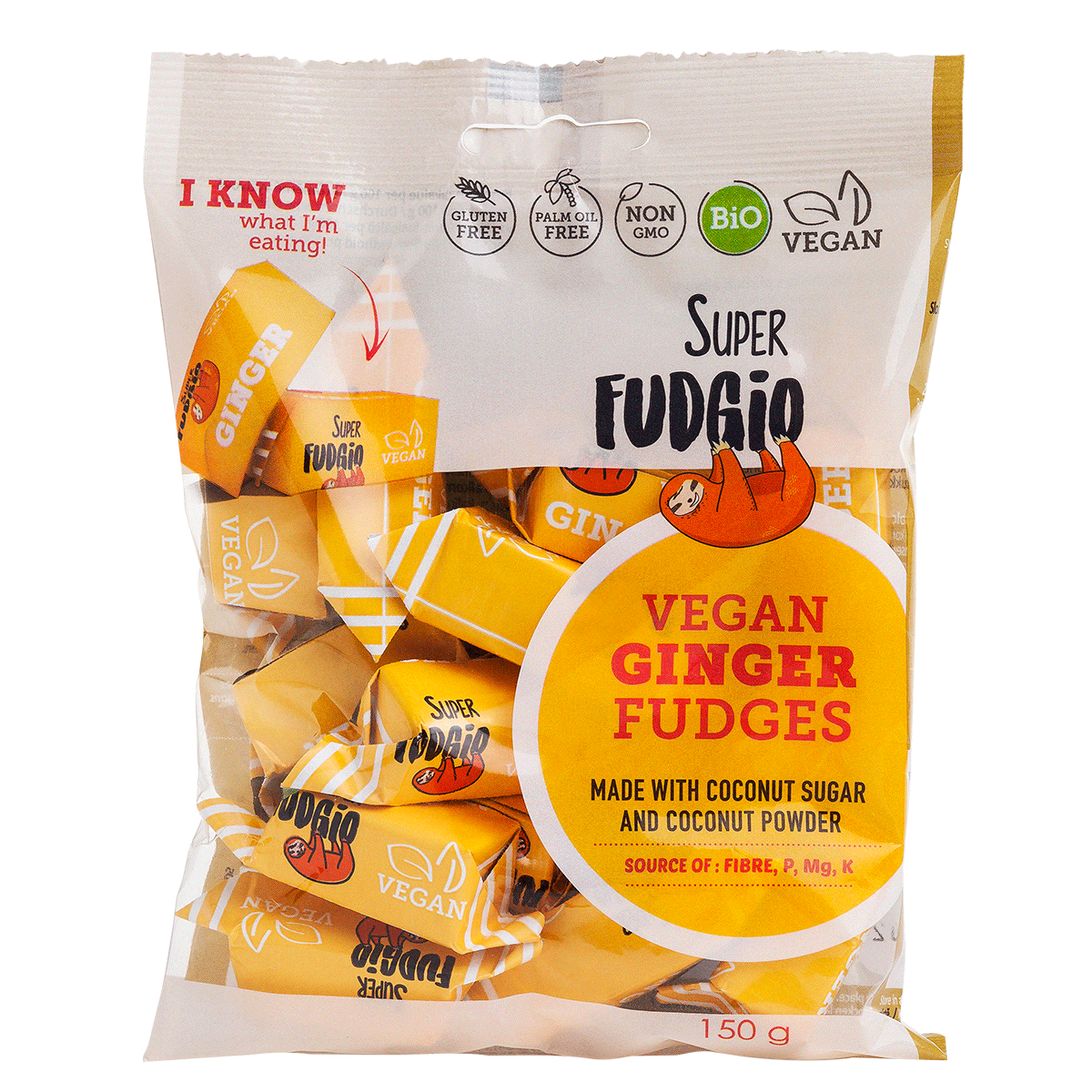 Caramele eco ghimbir 150g Super Fudgio, ambalaj galben, vegan, bio, fără gluten.