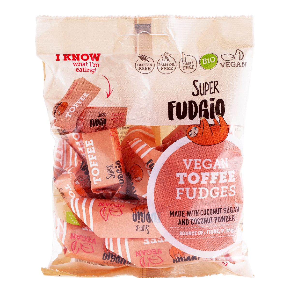 Caramele eco toffee Super Fudgio 150g, pachet vegan crem și portocaliu, fără gluten și lactoză.