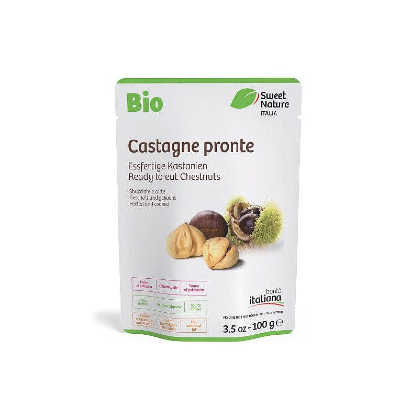 Castane bio decojite și fierte 100g Sweet Nature Italia, ambalaj verde și alb.
