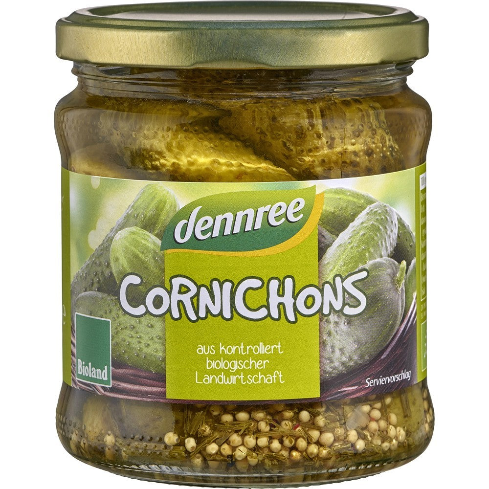 Borcan cu castraveciori murati bio Dennree 330g, etichetă verde.