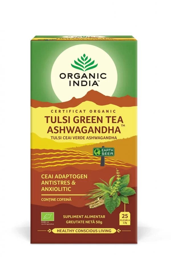 Ceai adaptogen tulsi ashwagandha bio, 25 plicuri, antistres, organic, ambalaj verde-maroniu.