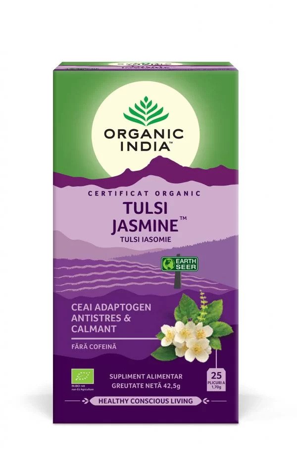 Ceai adaptogen tulsi iasomie, bio, Organic India, cutie verde și mov cu 25 plicuri, fără cofeină.