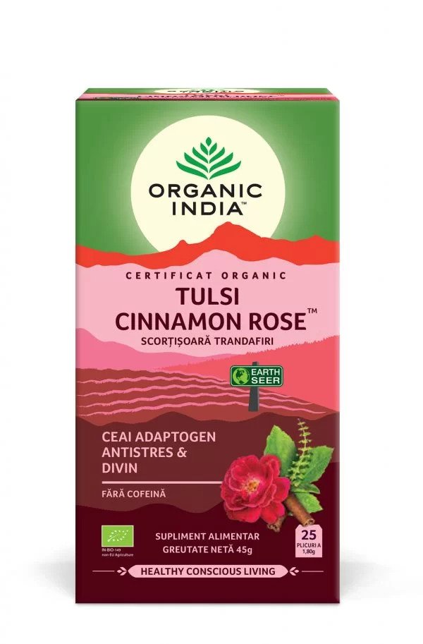 Ceai adaptogen Tulsi cu scorțișoară și trandafir, Organic India, 25 plicuri, cutie verde și roz.