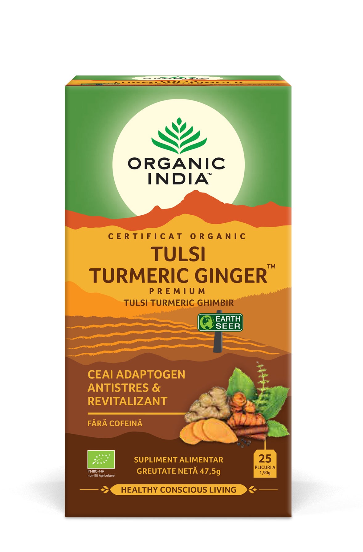 Ceai adaptogen turmeric și ghimbir bio, 25 plicuri, Organic India, cutie colorată.