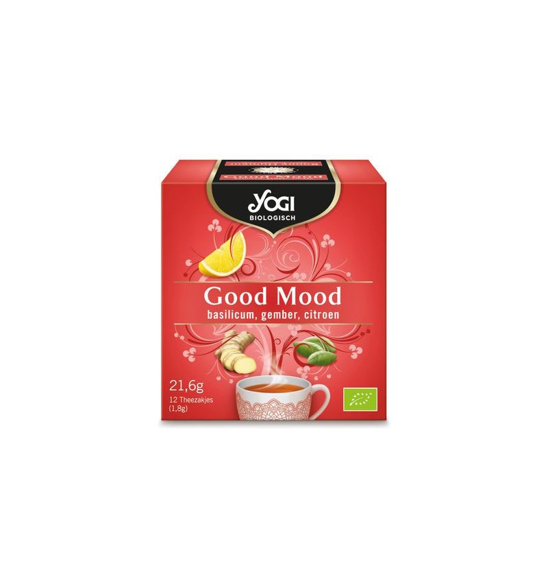Cutie roșie ceai bio Yogi Tea Good Mood, 21.6g, busuioc, ghimbir, lămâie, eco, fără gluten.
