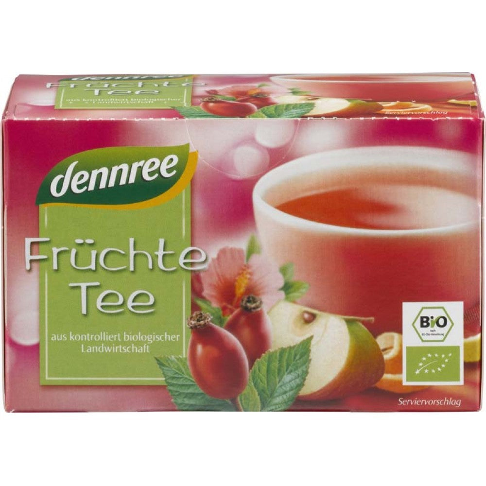 Ceai bio de fructe Dennree 40g, cutie roz, cu imagine fructe și simbol eco.