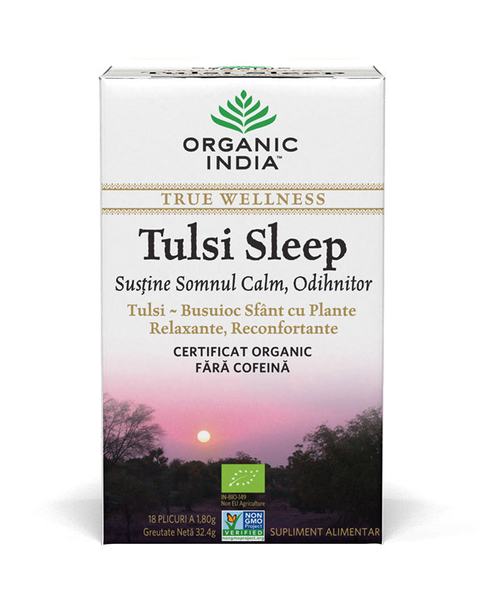 Ceai bio Tulsi Sleep Organic India, plicuri, fără cofeină, plante relaxante, ambalaj alb-verde.