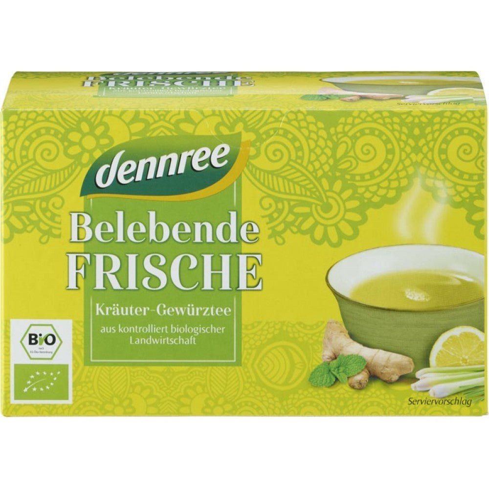 Cutie verde de ceai eco proaspăt cu ghimbir și lămâie, decor floral și sigle BIO.