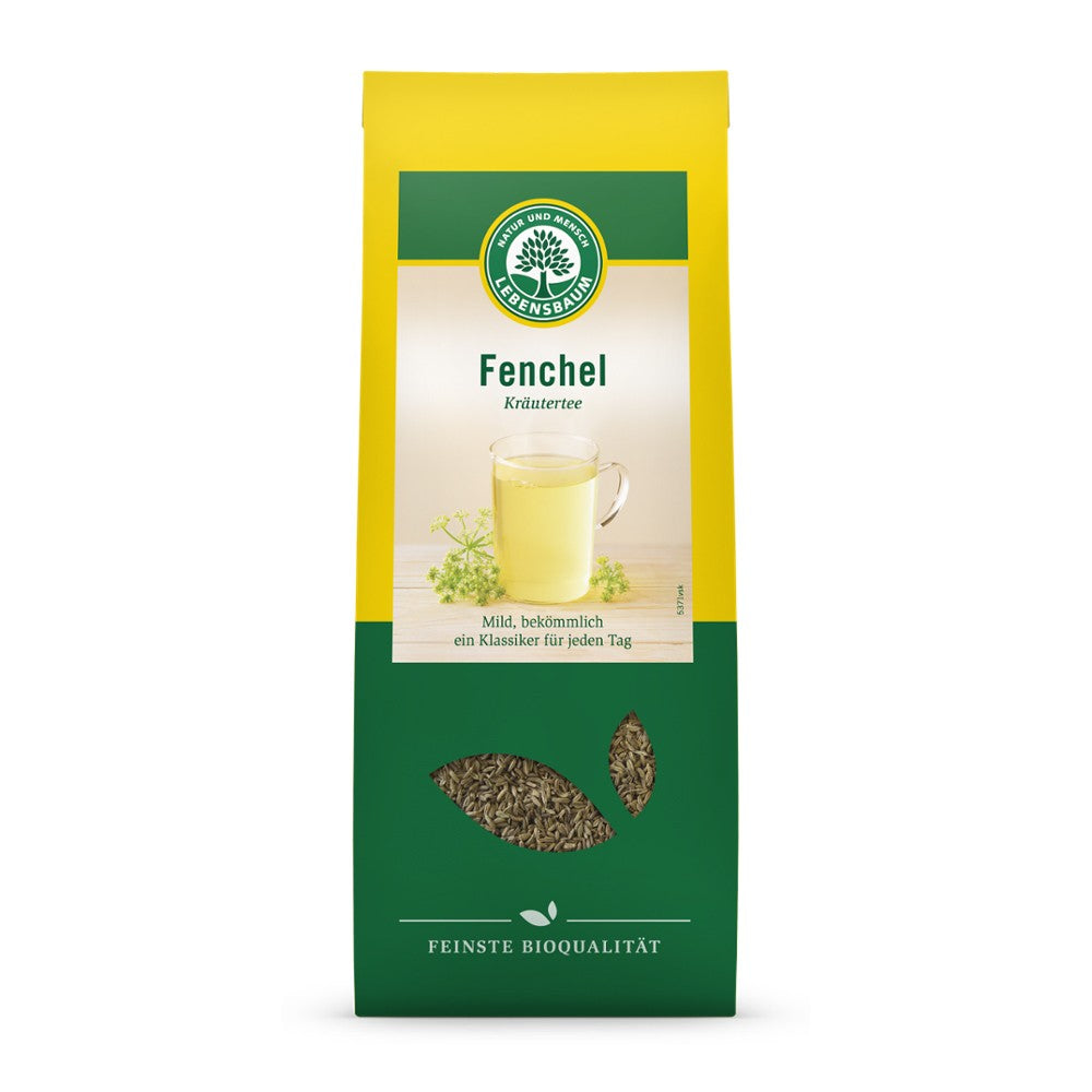 Pachet de ceai de fenicul organic Lebensbaum, 150g, verde-galben, cu semințe vizibile.