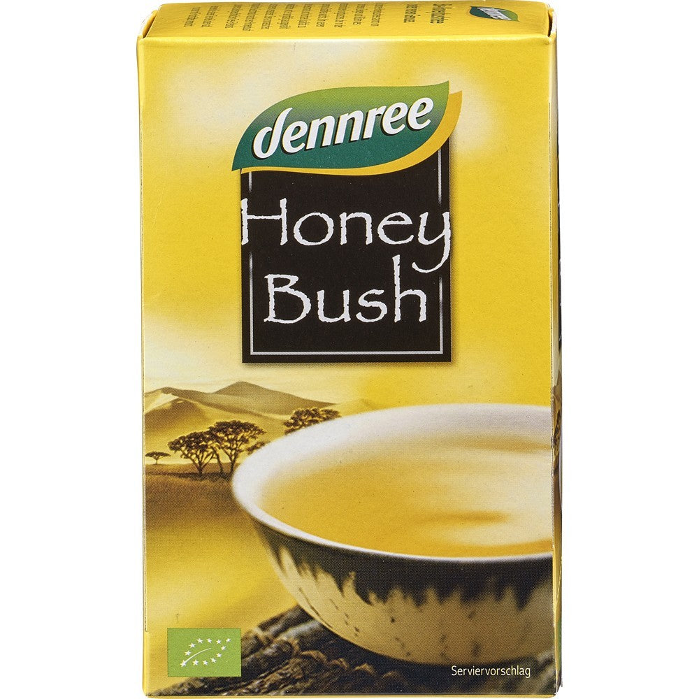 Cutie de ceai Honeybush Bio Dennree 30g, ambalaj galben cu decor peisagistic.