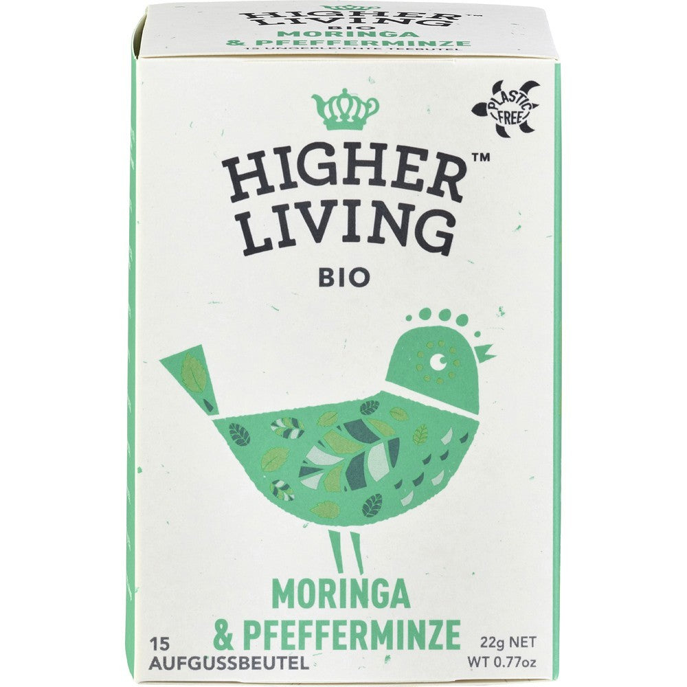Cutie ceai bio Higher Living cu moringa și mentă, design cu pasăre verde și text plastic-free.