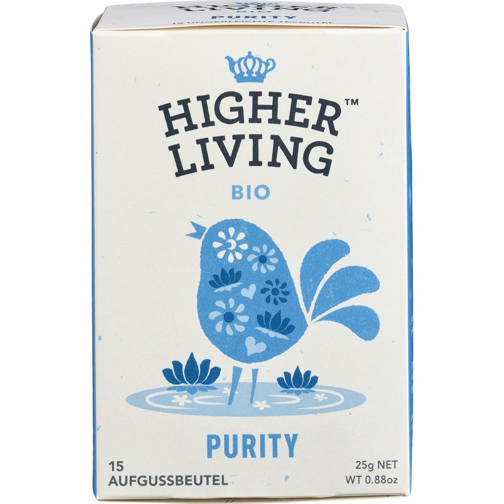 Cutie ceai Purity Higher Living, design albastru cu flori, 25g, ingrediente organice.
