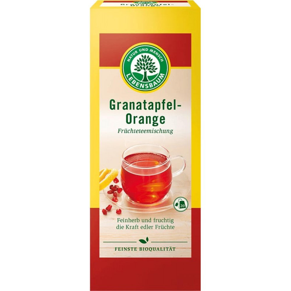 Ceai bio rodie portocala Lebensbaum, cutie galbenă, cană ceai fructat.