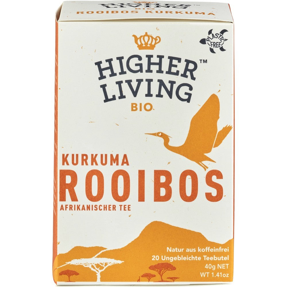Cutie de ceai bio Higher Living Rooibos și Turmeric, ambalaj alb și portocaliu.