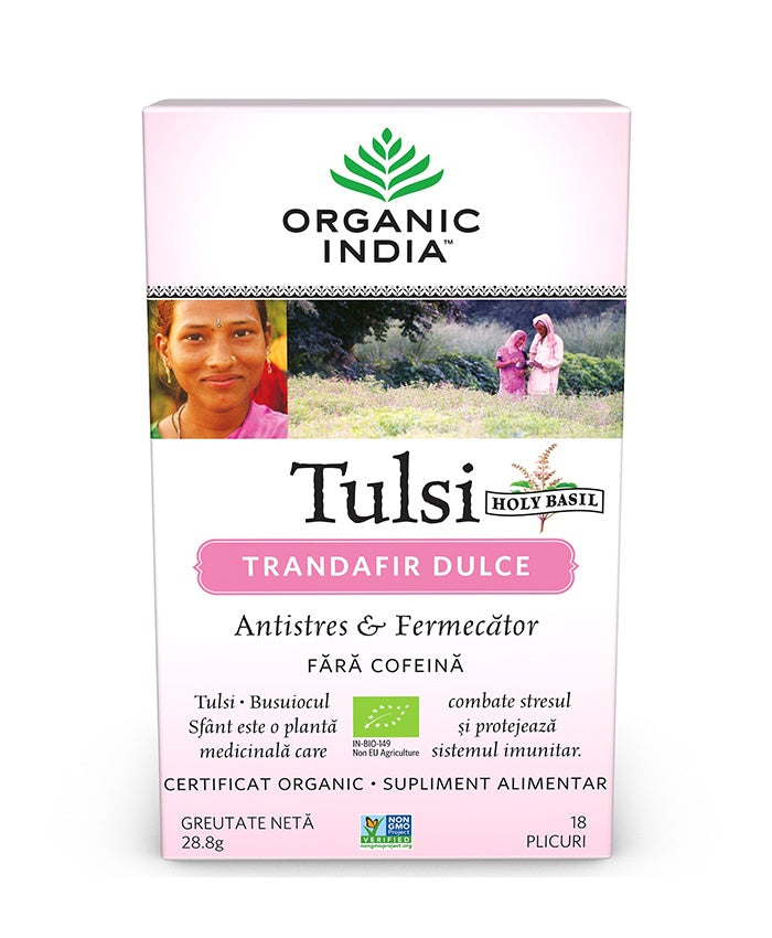 Cutie ceai Tulsi Trandafir Dulce Organic India, antistres, fără cofeină, plicuri.