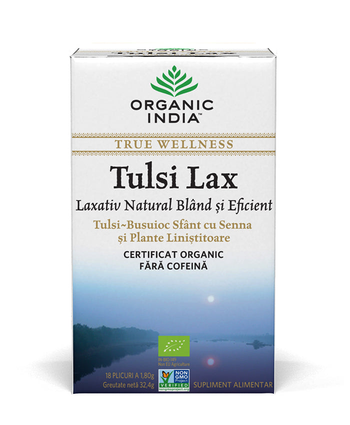 Cutie ceai Tulsi Lax, laxativ natural, busuioc sfânt, senna, organic, 18 plicuri, fără cofeină.