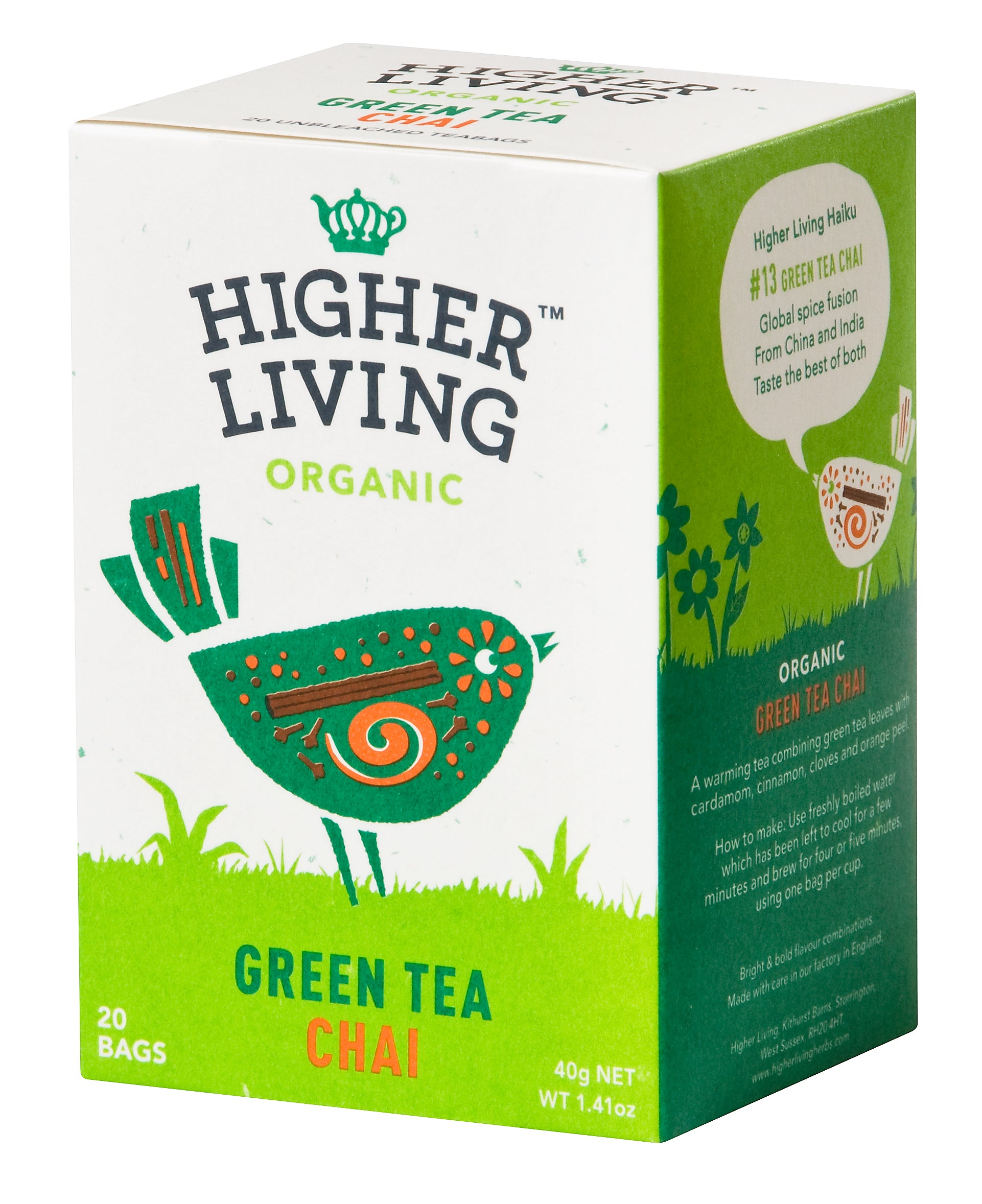 Ceai verde CHAI eco Higher Living, 20 plicuri, design cutie verde cu ilustrație pasăre.