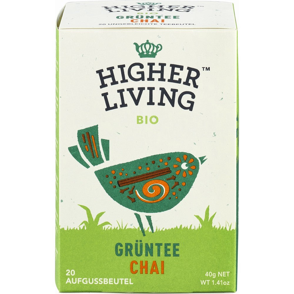 Ceai verde Chai eco Higher Living, pachet carton verde, model păun, 20 plicuri, arome indiene.