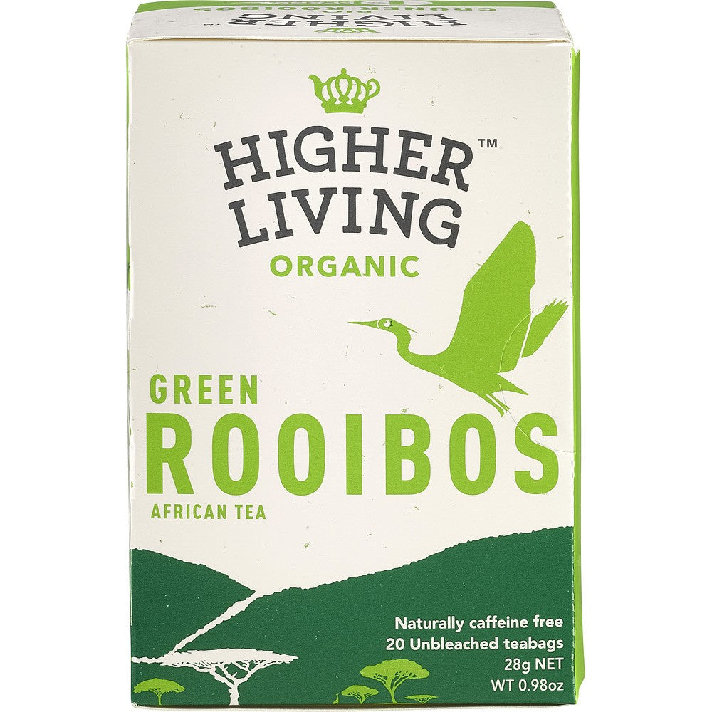Ceai verde rooibos 28g Higher Living, ambalaj alb cu verde, organic, fără cofeină, 20 de pliculețe.