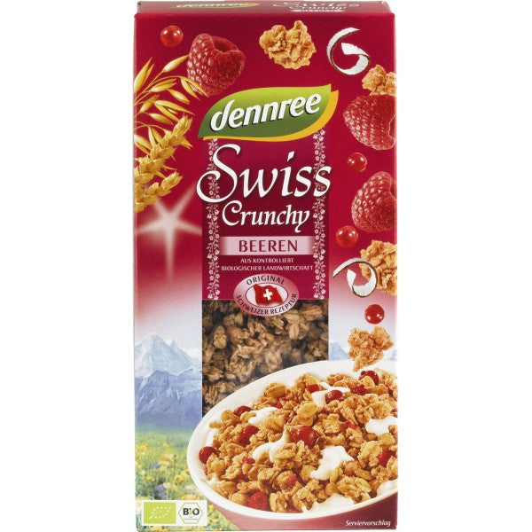 Cereale crocante dennree cu fructe de pădure, zmeură și coacăze roșii, 375g, ambalaj roșu atractiv.