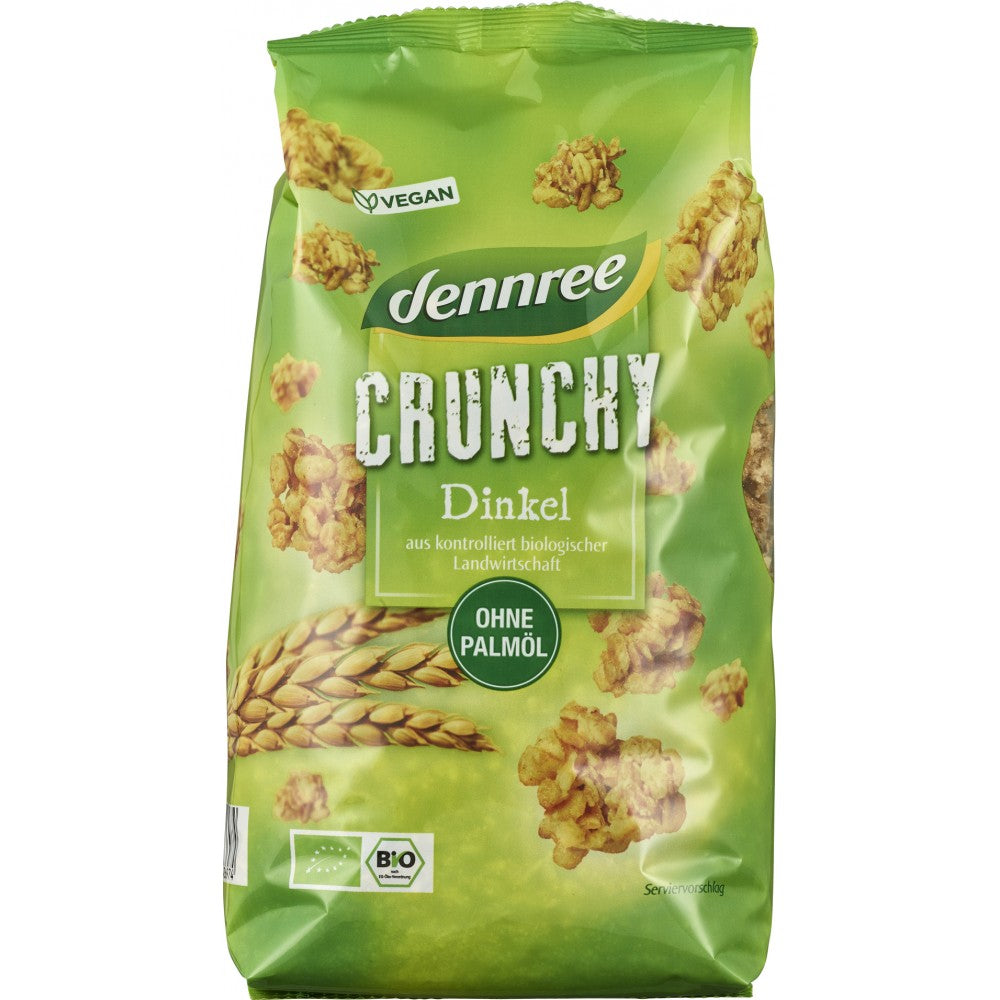 Cereale crunchy din spelta bio 750g dennree, ambalaj verde, fără ulei de palmier.